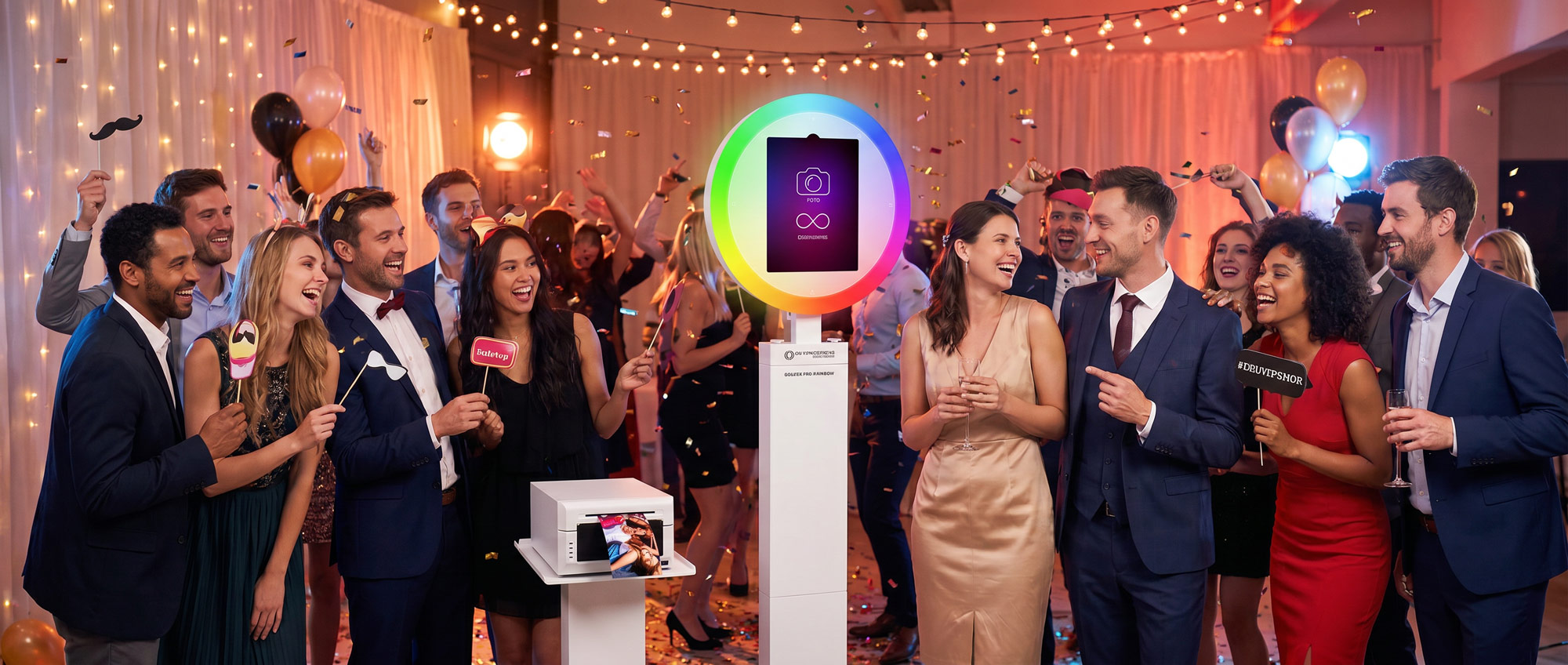 Fotobox mit Sofortdruck an einer Party mit Hochzeitsgästen